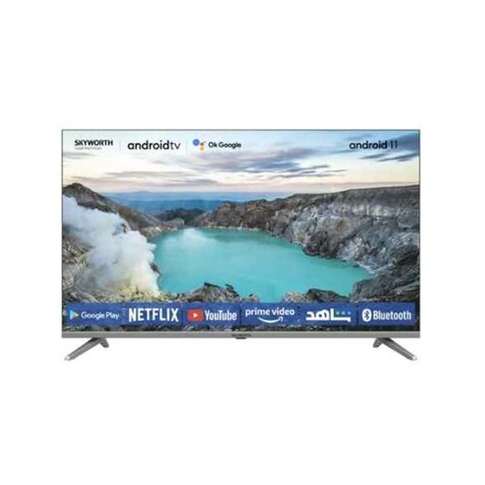 Android TV display with streaming apps icons (Netflix, YouTube, Google Play) and Bluetooth on bottom bar.