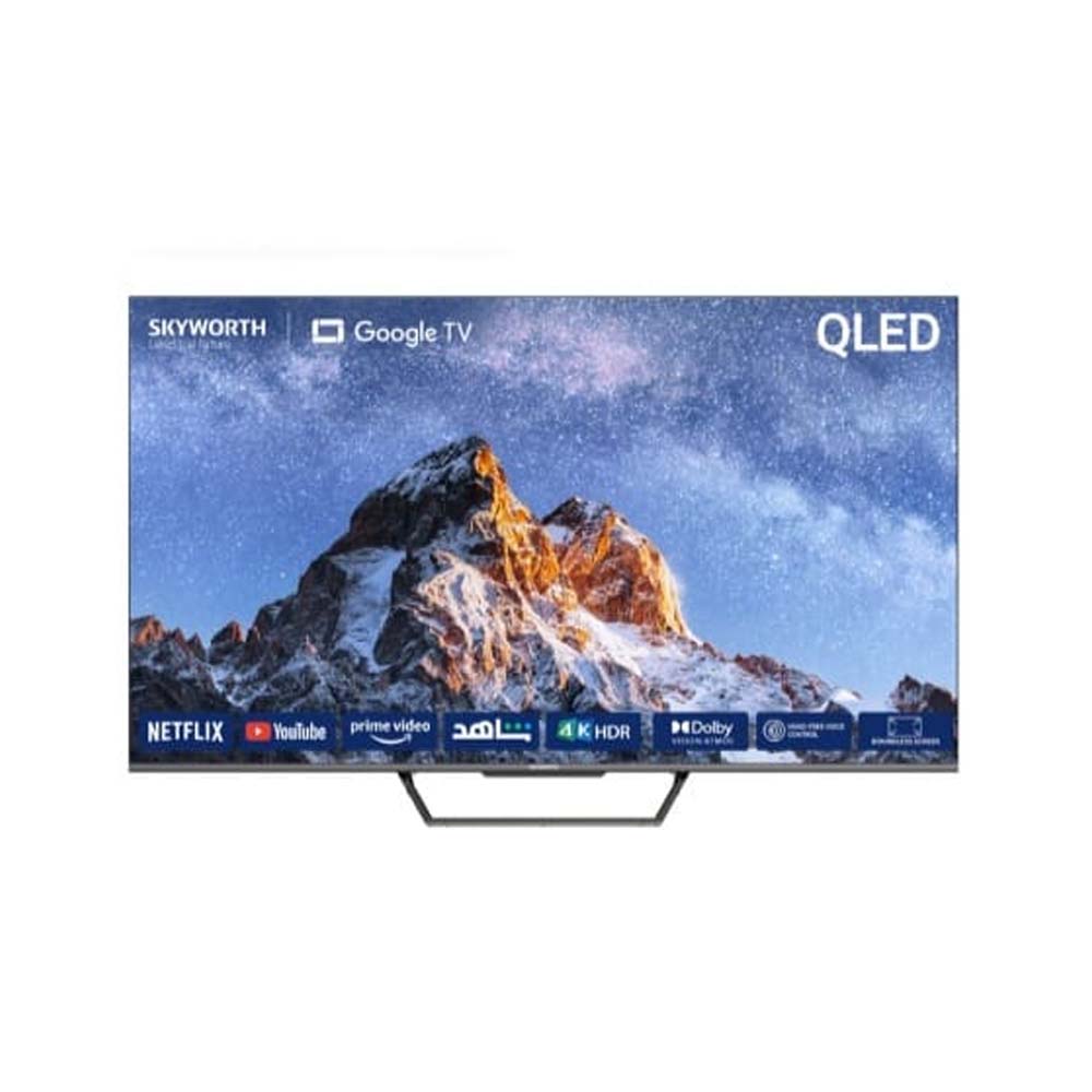 QLED TV on a stand displaying a mountain wallpaper with streaming app logos such as Netflix and YouTube along the bottom edge (Skyworth Google TV).