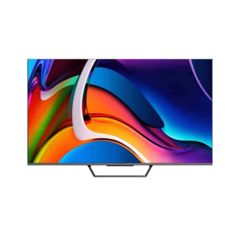 Colorful flat-screen TV on a metal stand displaying abstract rainbow artwork.