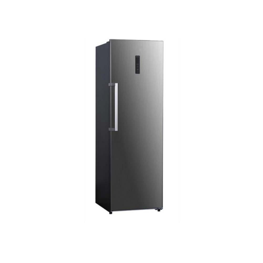 Tall stainless steel single-door refrigerator with a vertical handle and brushed finish.