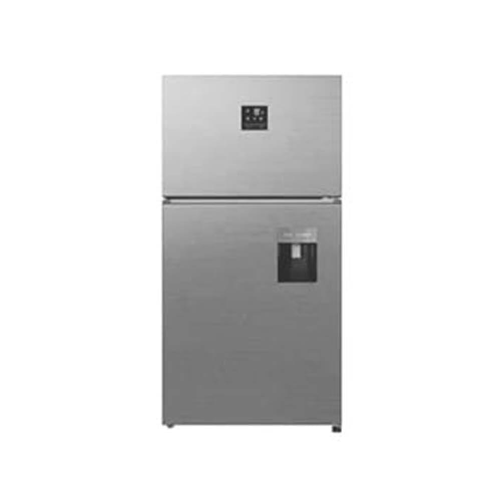 Two-door stainless steel refrigerator with a bottom freezer and a built-in water/ice dispenser on the lower door.