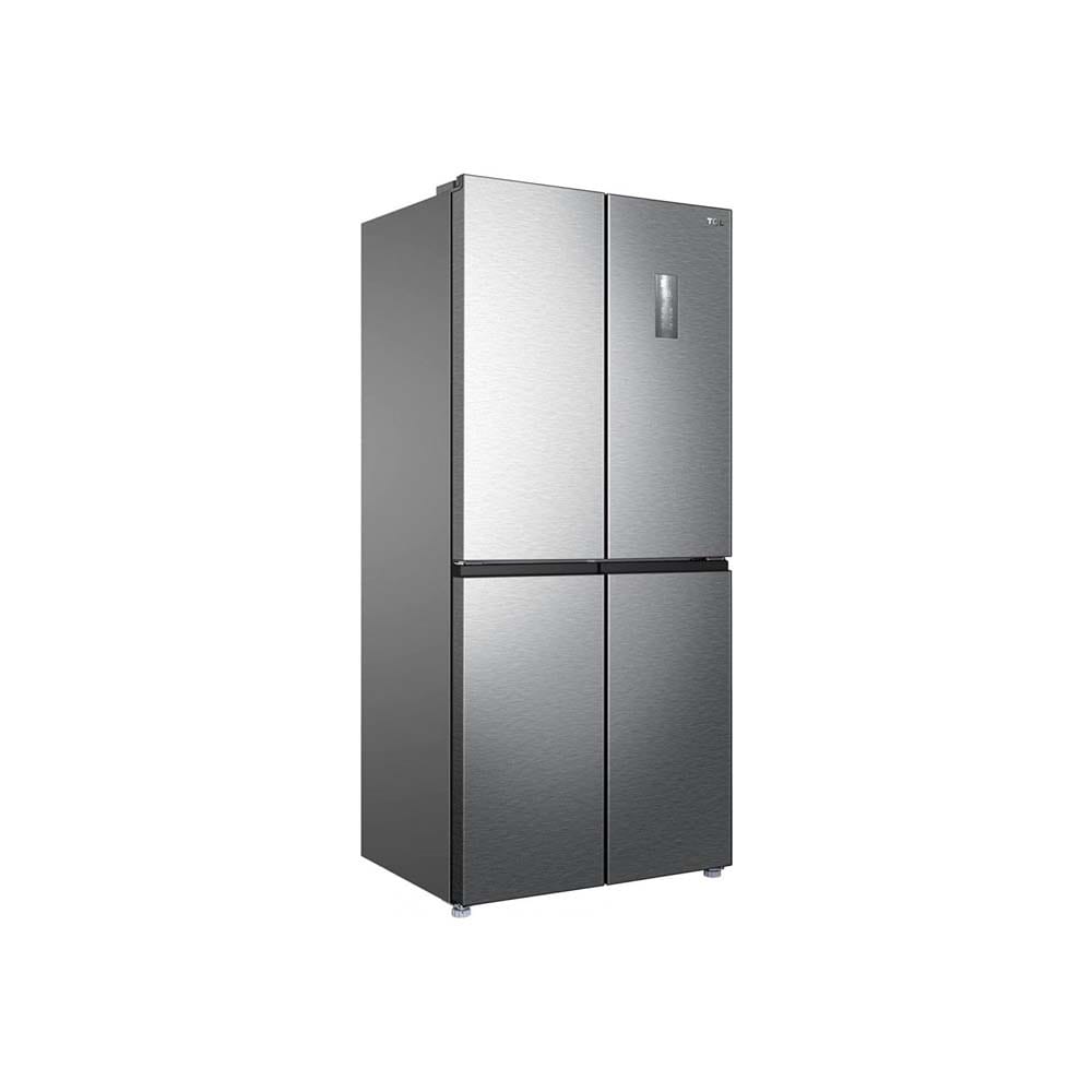 Stainless steel four-door refrigerator with a bottom freezer and a built-in display on the right door.
