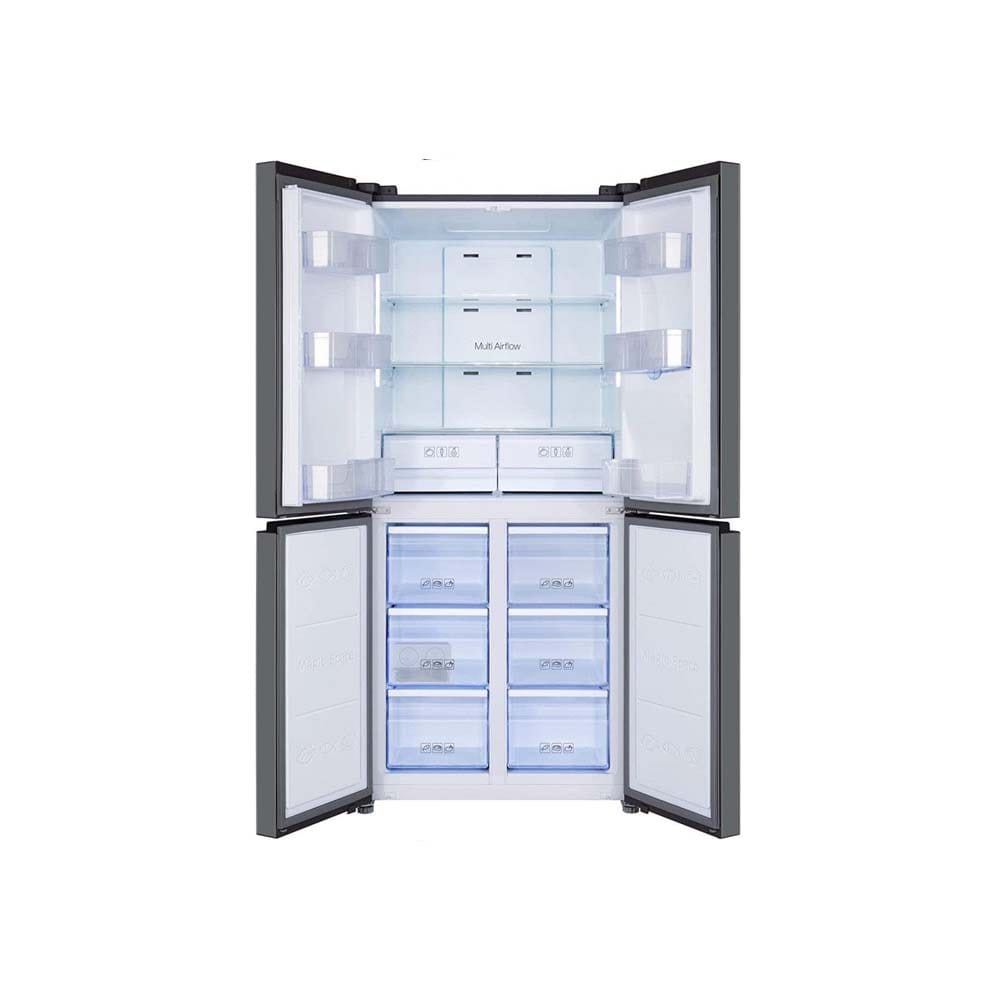 Open stainless steel refrigerator with top fridge compartment and bottom freezer drawers, showing multiple shelves and transparent drawers