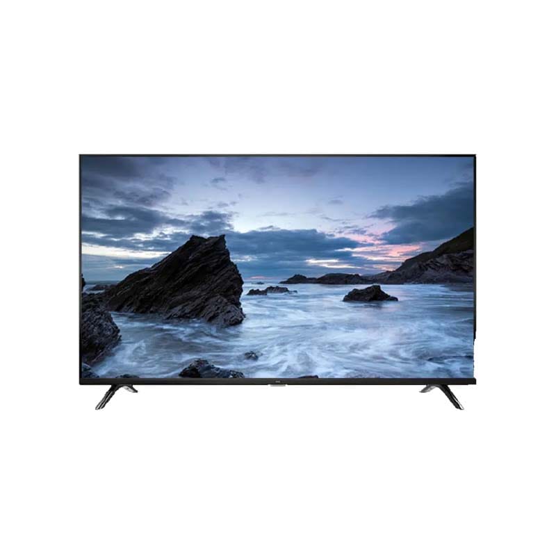 Flat-screen TV showing a rocky sea coastline at dusk on the screen