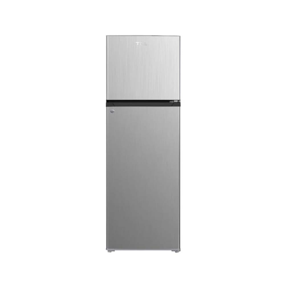 Stainless steel top-freezer refrigerator with a larger bottom refrigerator compartment,/freezer on top and fridge below